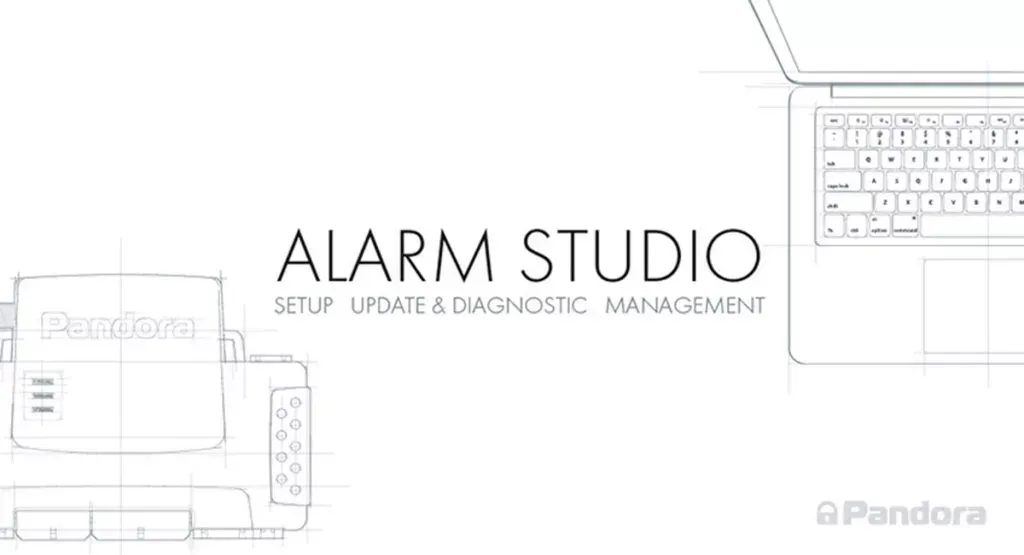 Alarm Studio: a Pandora unit and a laptop, drawn in outline