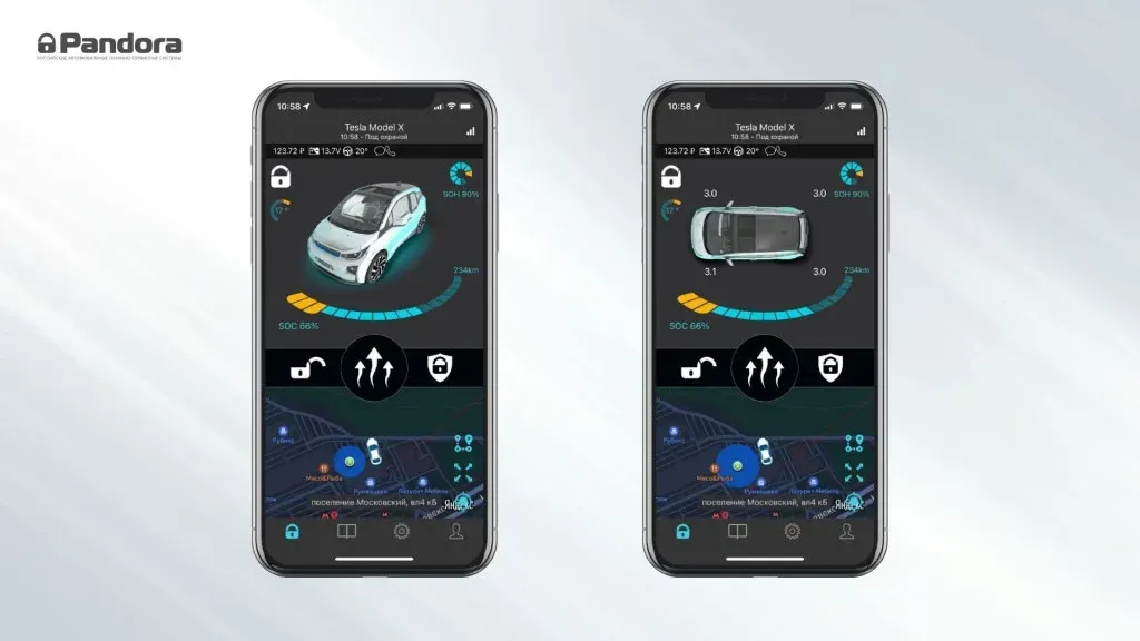 The Pandora app on two phones, showing an electric car's battery charge and range