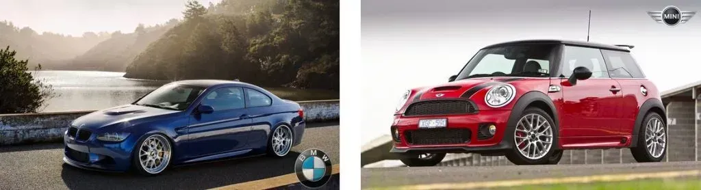 A blue BMW coupé and a red MINI Cooper